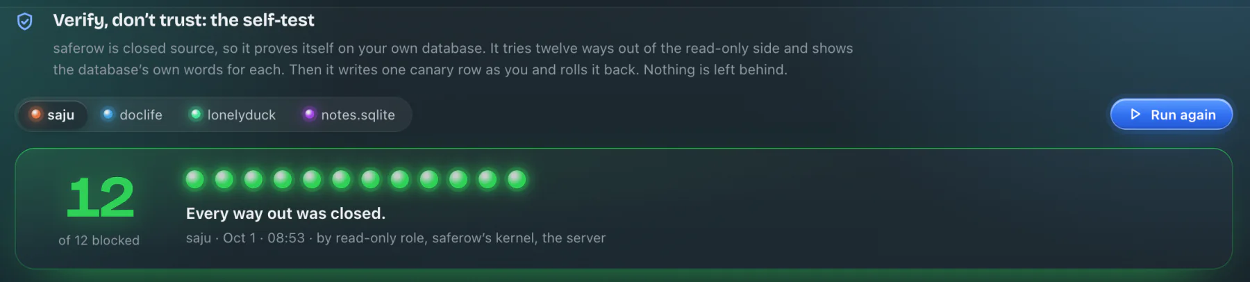 Settings › Safety, the self-test titled Verify, don’t trust. It reads: saferow is closed source, so it proves itself on your own database. It tries twelve ways out of the read-only side and shows the database’s own words for each, then writes one canary row as you and rolls it back. A result panel shows twelve green orbs and the number 12 of 12 blocked: every way out was closed, on saju, by the read-only role, saferow’s kernel and the server.
